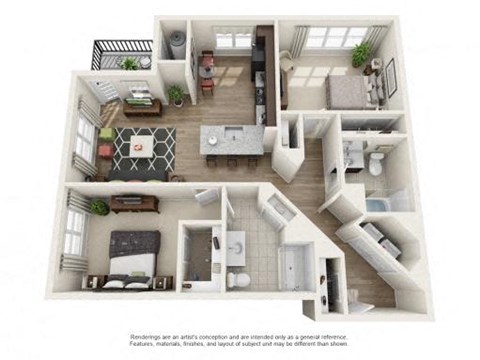 Floor plan for 2 beds, 2 baths, 1131 sqft